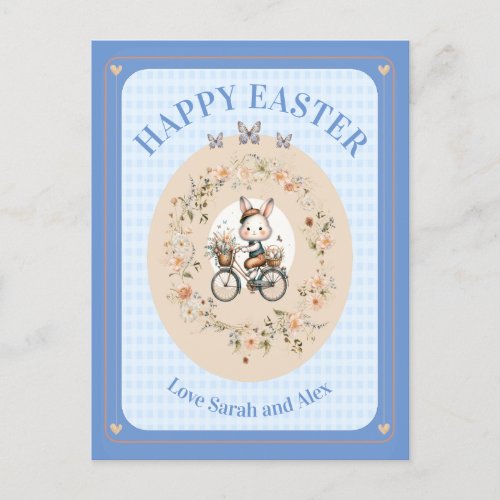 Vintage Floral Easter Bunny Blue Gingham Check Holiday Postcard