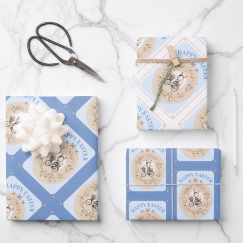 Vintage Floral Easter Bunny Blue Gingham Check Wrapping Paper Sheets