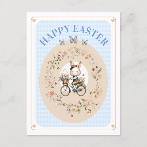 Vintage Floral Easter Bunny Blue GinghamCheckNONAM Holiday Postcard