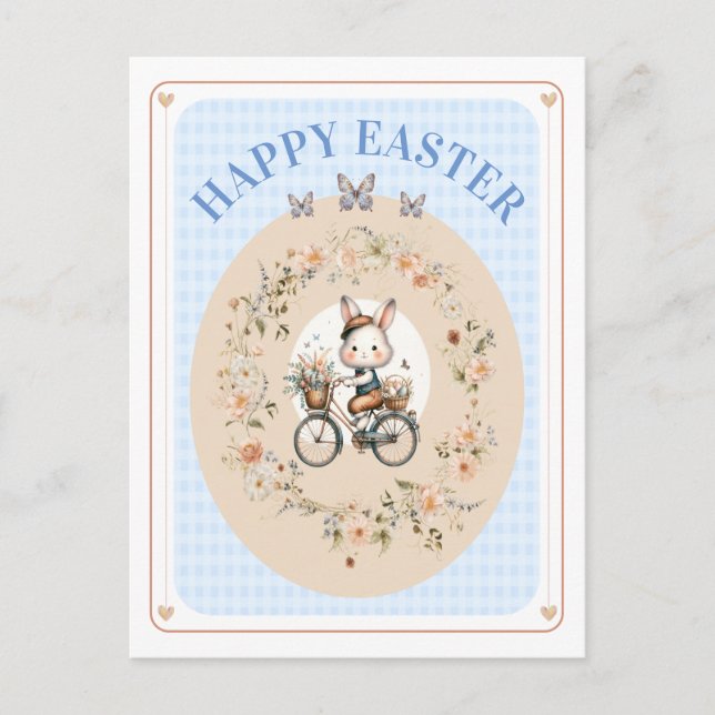 Vintage Floral Easter Bunny Blue GinghamCheckNONAM Holiday Postcard (Front)