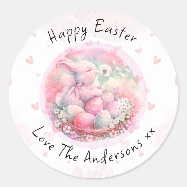 Vintage Floral Easter Bunny Easter Eggs Hearts Classic Round Sticker (Front)
