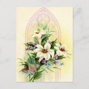 vintage floral Easter Church window Holiday Postcard