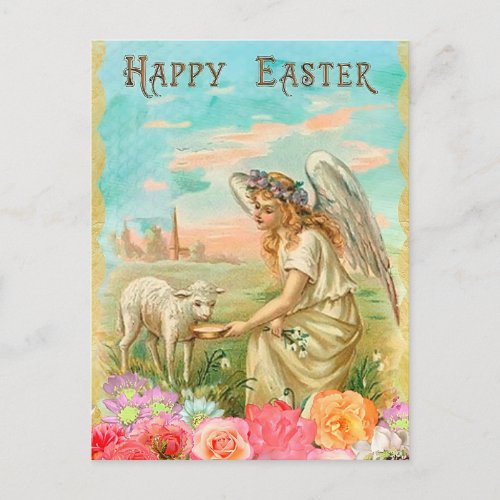 Vintage Floral Easter Lamb and Angel Holiday Postcard