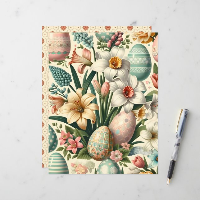 Vintage Floral Easter Scrapbook Paper (Front/Back In Situ)