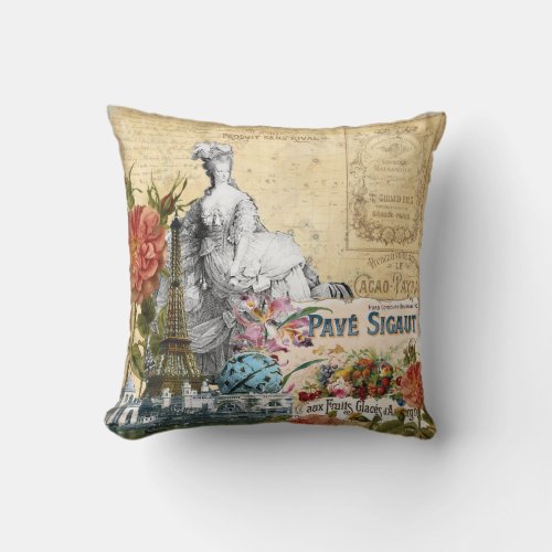 Vintage Floral Eiffel Tower Marie Antoinette Roses Throw Pillow