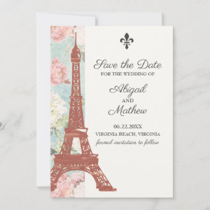 Vintage Floral Eiffel Tower Paris Blue Wedding Save The Date