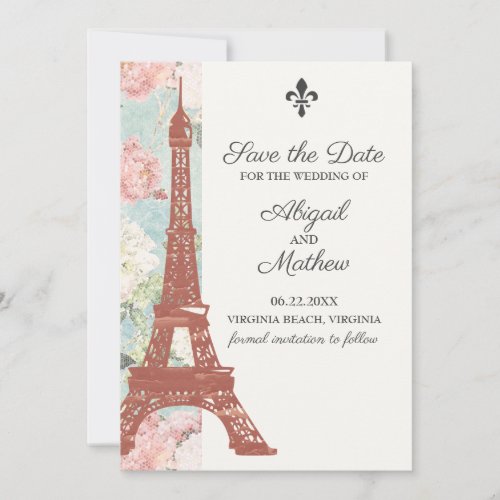 Vintage Floral Eiffel Tower Paris Blue Wedding Save The Date