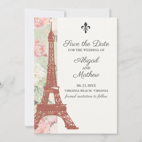 Vintage Floral Eiffel Tower Paris Green Wedding Save The Date