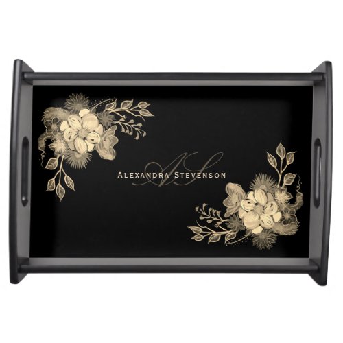 Vintage Floral Elegant Black Serving Tray