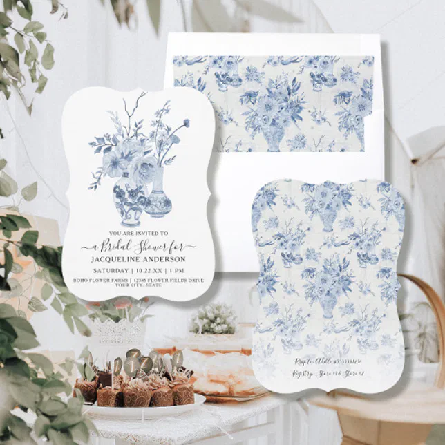 Vintage Floral Elegant Blue n White Bridal Shower Invitation Zazzle