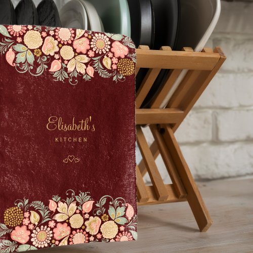 Vintage floral elegant burgundy kitchen towel