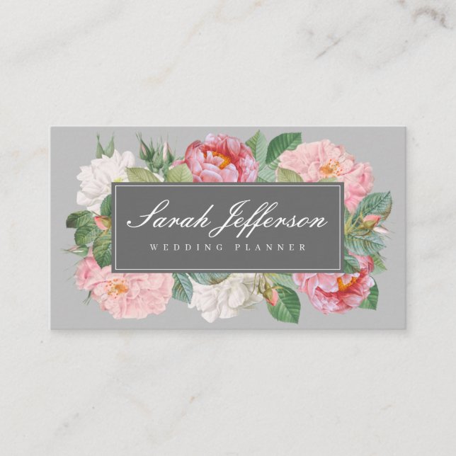 Vintage Floral Elegant Gray Professional Business Card (Front)