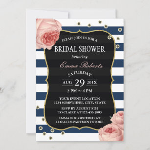 Vintage Floral Elegant Navy Stripes Bridal Shower Invitation