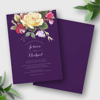 Vintage Floral Elegant Purple Pink Yellow Wedding Invitation by WittyBetty at Zazzle
