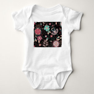 Vintage Floral Embroidery Dark Pattern Baby Bodysuit