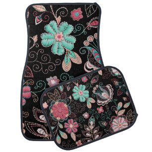 Vintage Floral Embroidery Dark Pattern Car Floor Mat