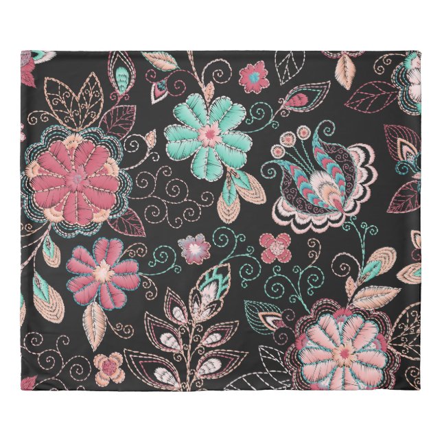 Vintage Floral Embroidery Dark Pattern Duvet Cover (Front)