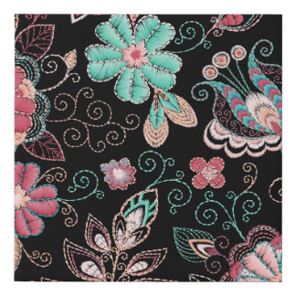 Vintage Floral Embroidery Dark Pattern Faux Canvas Print