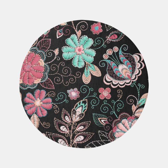 Vintage Floral Embroidery Dark Pattern Rug (Front)