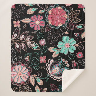 Vintage Floral Embroidery Dark Pattern Sherpa Blanket