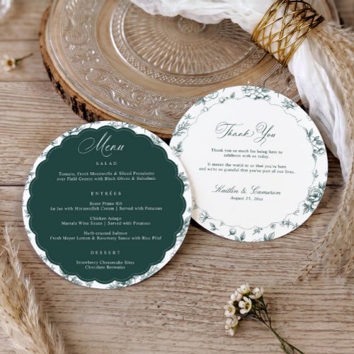 Vintage Floral Emerald Thank You Round Wedding Menu