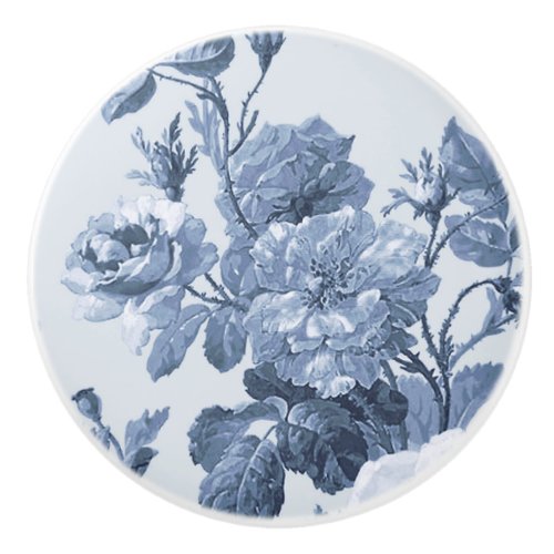 Vintage Floral English Cottage Dusty Blue White 2 Ceramic Knob