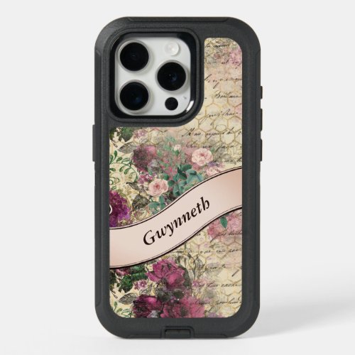 Vintage Floral Ephemera with Pink Ribbon Monogram iPhone 15 Pro Case