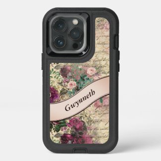 Vintage Floral Ephemera with Pink Ribbon Monogram