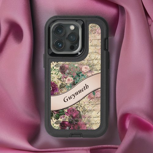 Vintage Floral Ephemera with Pink Ribbon Monogram iPhone 13 Pro Case