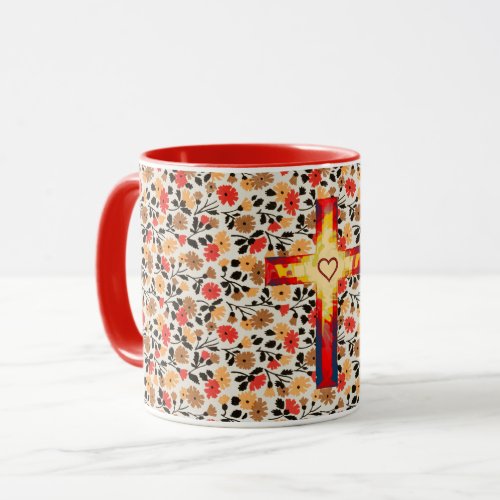 Vintage Floral Faith Cross and Heart Mug Cup