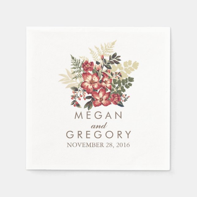 vintage floral fall burgundy wedding paper napkins (Front)