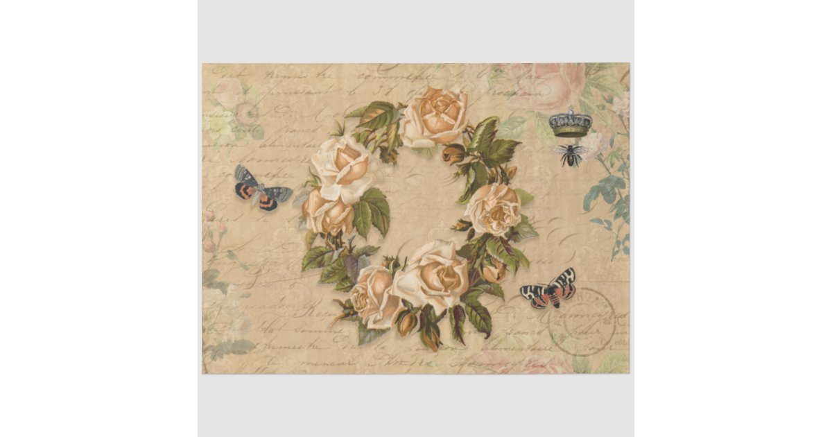 Vintage Floral Fall Rose Ephemera Bee Decoupage Tissue Paper | Zazzle