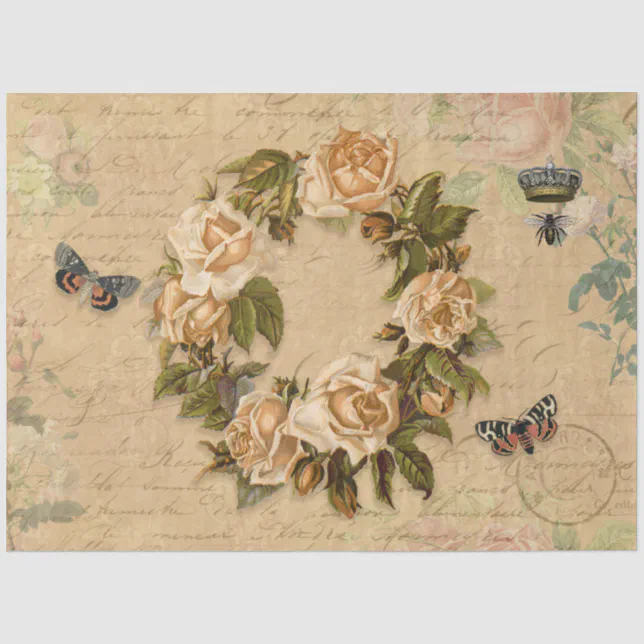 Vintage Floral Fall Rose Ephemera Bee Decoupage Tissue Paper | Zazzle