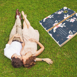 Vintage Floral Family Name and Est Year Blue Cornhole Set