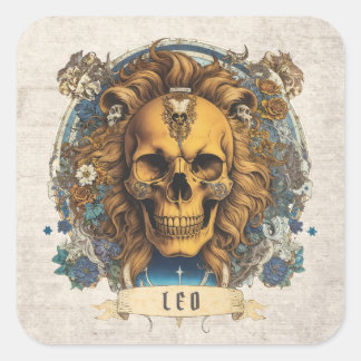 Vintage Floral Fantasy Art Spooky Leo Unique Skull Square Sticker