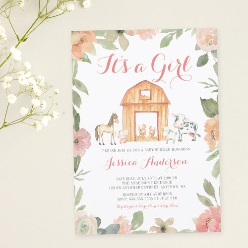 Vintage Floral Farm Animals Girl Baby Shower Invitation