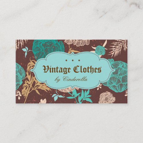 Vintage Floral Fashion Clothing Teal Blue Brown Business Card Template