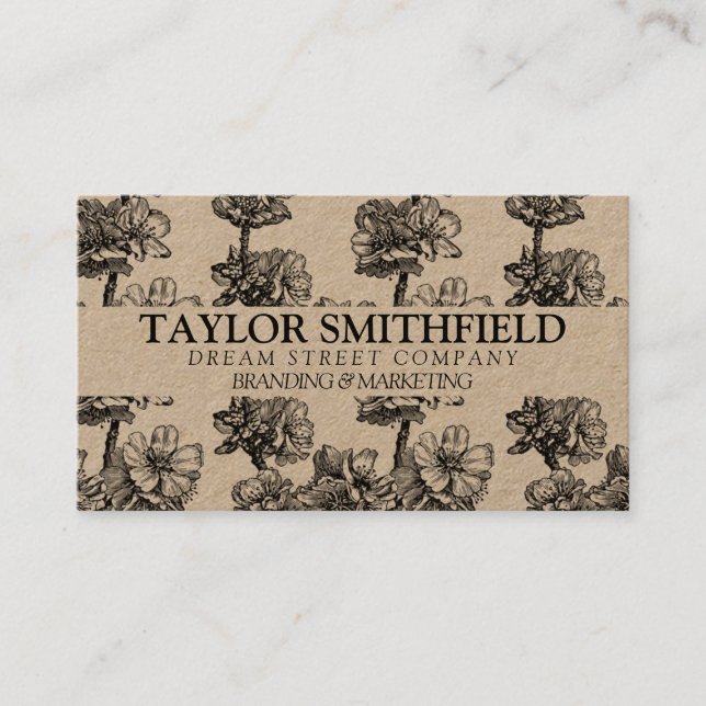 Vintage Floral Fine Line Kraft Business Card (Front)
