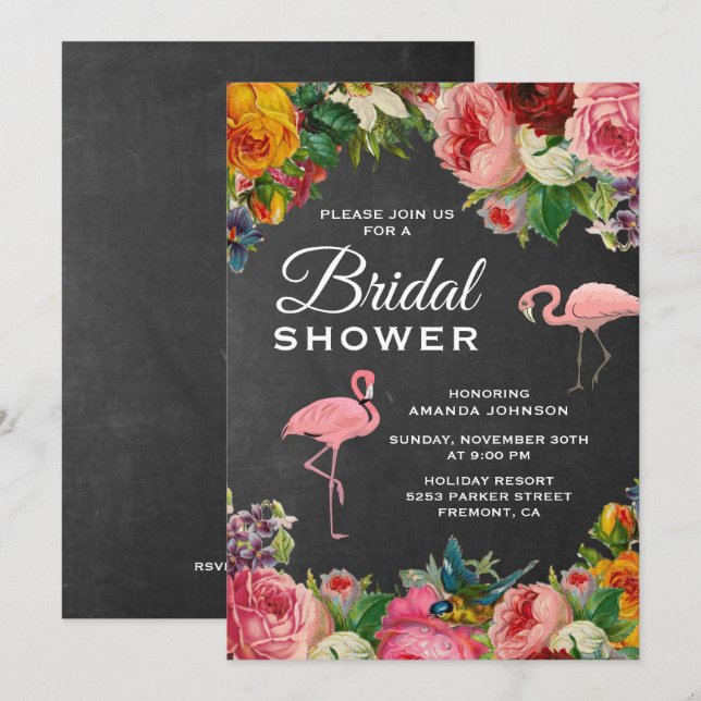 Vintage Floral Flamingo Bridal Shower Invitation (Front/Back)