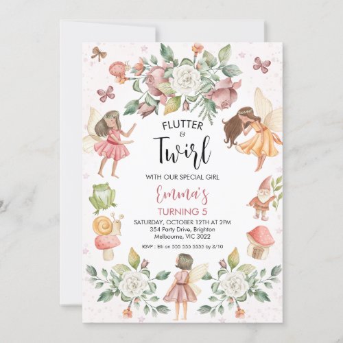 Vintage Floral Flutter Twirl Fairies Birthday  Invitation