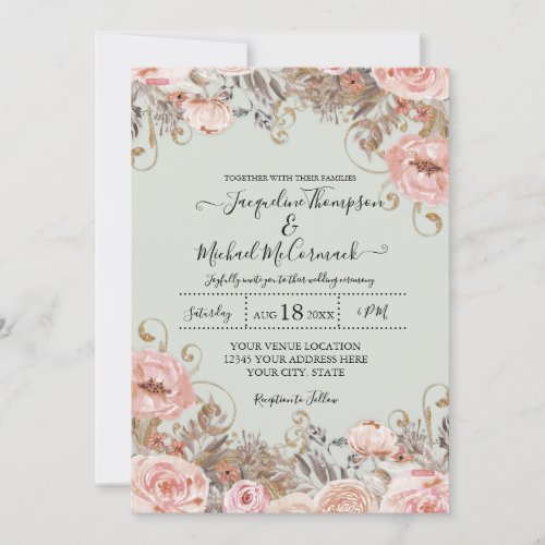 Vintage Floral Foliage Pink Gold Boho Wedding Invitation