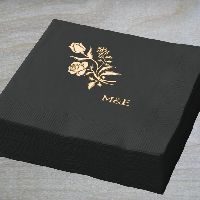 Vintage Floral -   folk art   black   gold  Foil Napkins (Creator Uploaded)