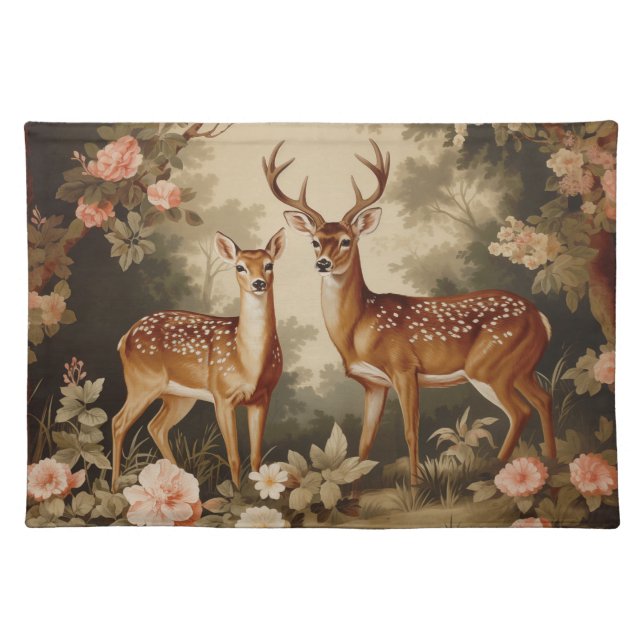 Vintage Floral Forest Deer Cloth Placemat (Front)