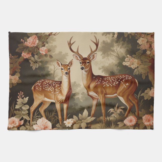 Vintage Floral Forest Deer Kitchen Towel (Horizontal)