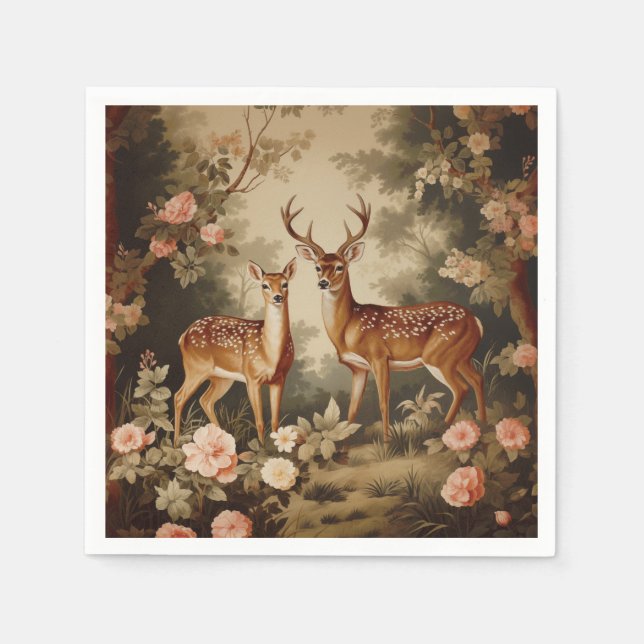 Vintage Floral Forest Deer Napkins (Front)