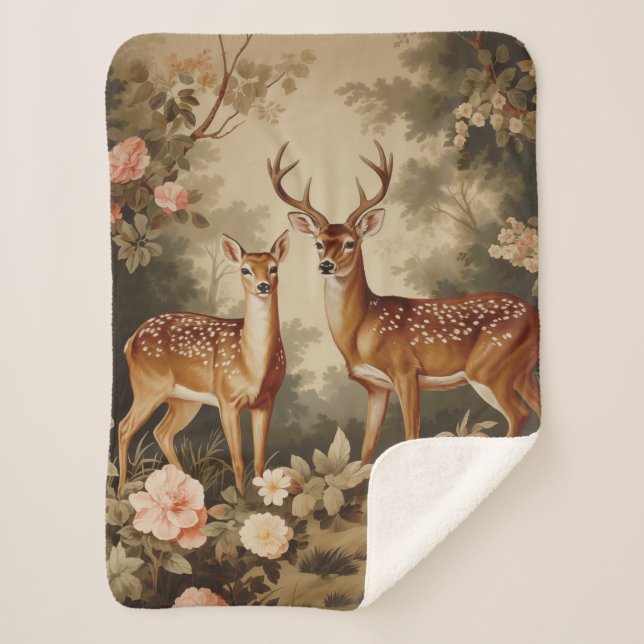 Vintage Floral Forest Deer Sherpa Blanket (Front)