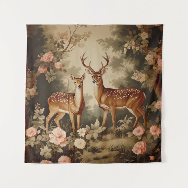 Vintage Floral Forest Deer Tapestry (Front (Horizontal))