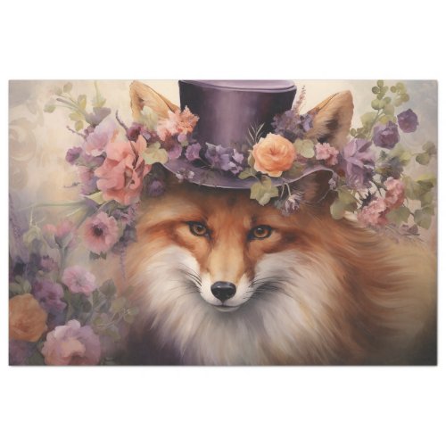 Vintage Floral Fox with Hat Flowers Decoupage Tissue Paper