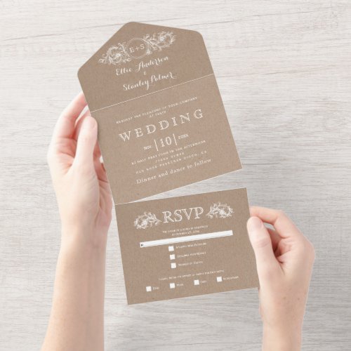 Vintage floral frame beige kraft paper wedding all in one invitation