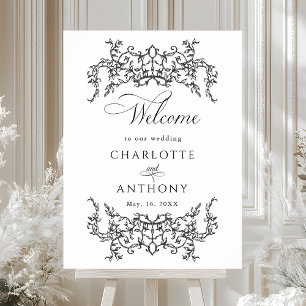 Vintage Floral Frame Black & White Wedding Welcome Foam Board